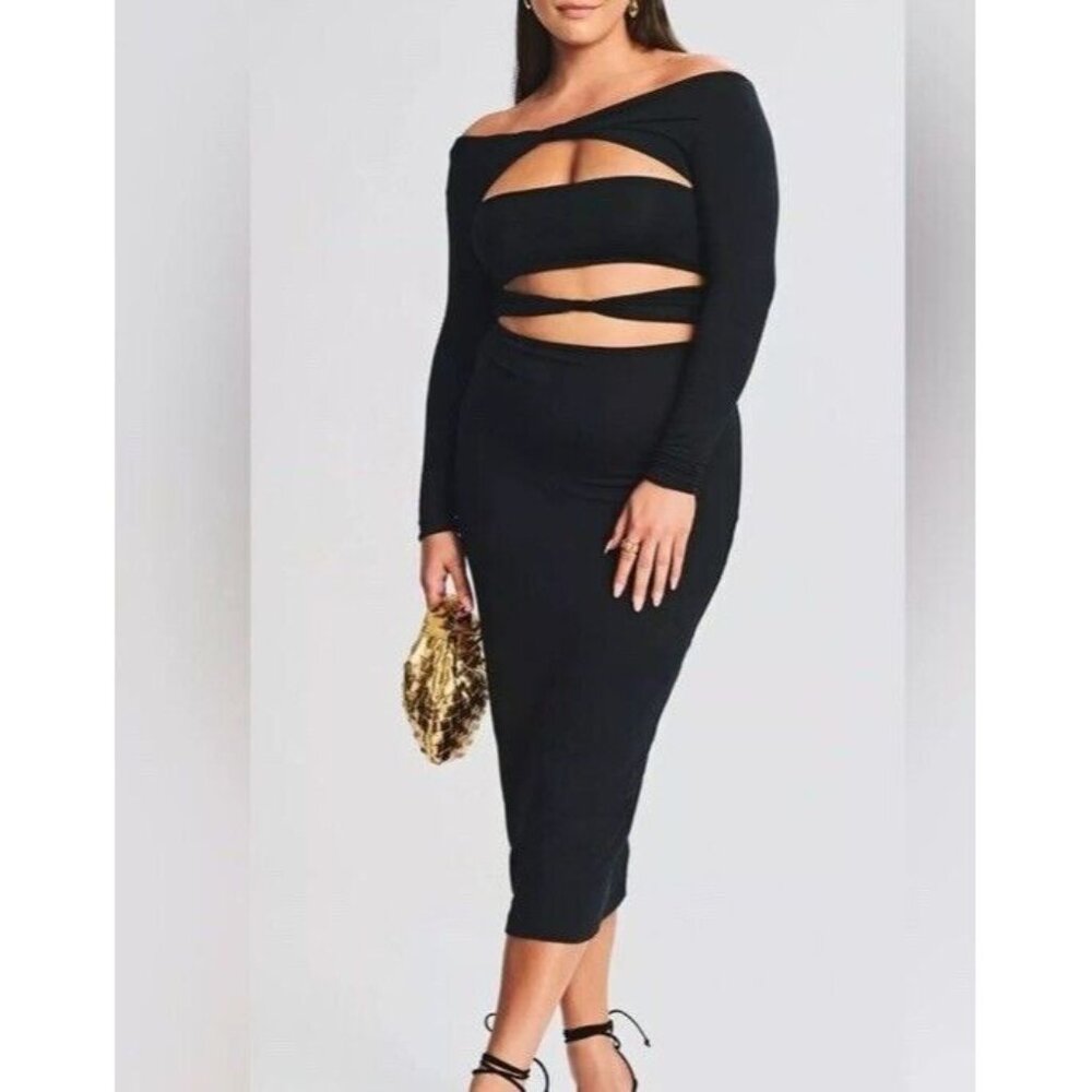 SER.O.YA Black Off-Shoulder Cutout Midi Dress with Long Sleeves